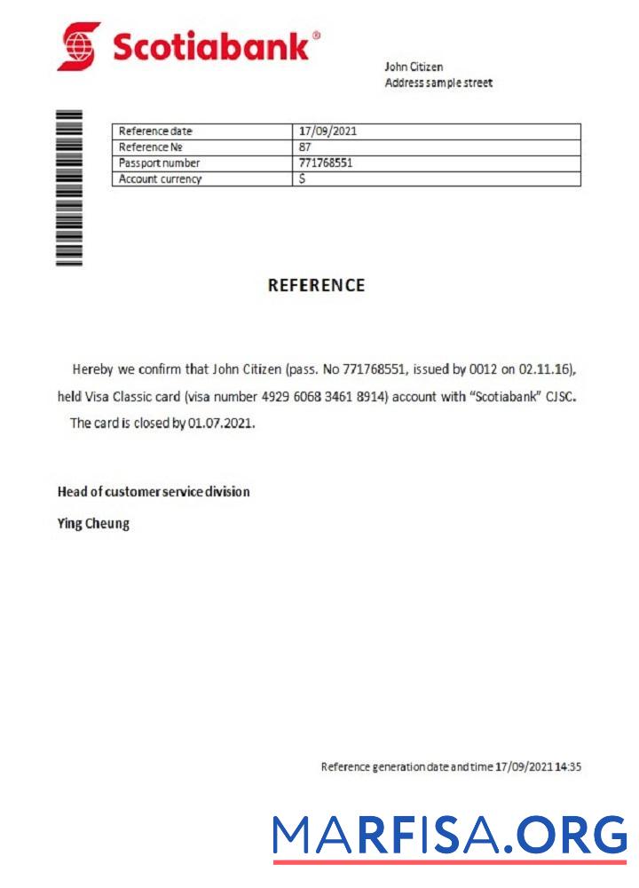 Printable Hong Kong Scotiabank closure reference sample